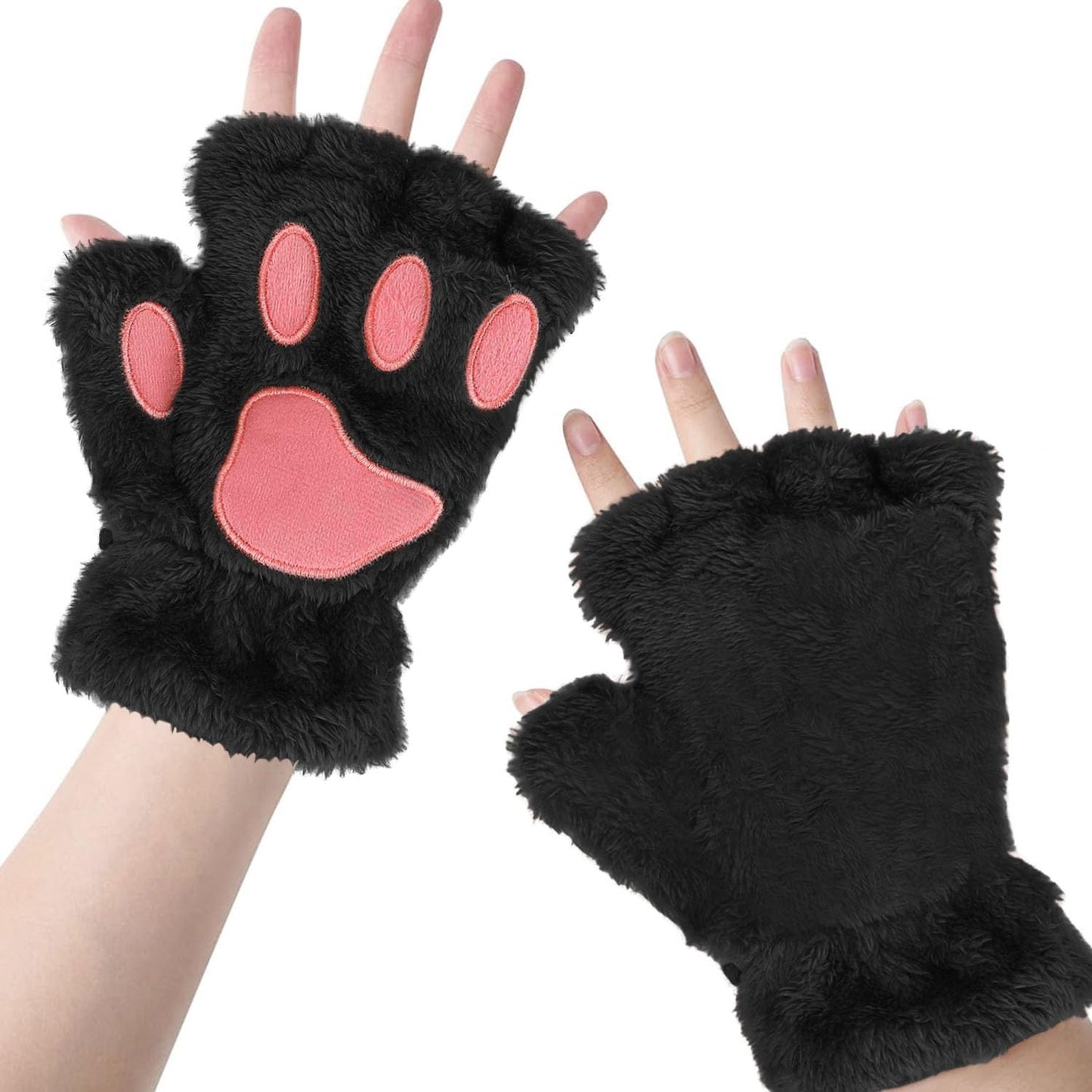 Tiny Chou Cat Paw Gloves for Cosplay Fancy Party Halloween Costume Accessories, Winter Soft Fingerless Warm Gloves for Women Girls, Black