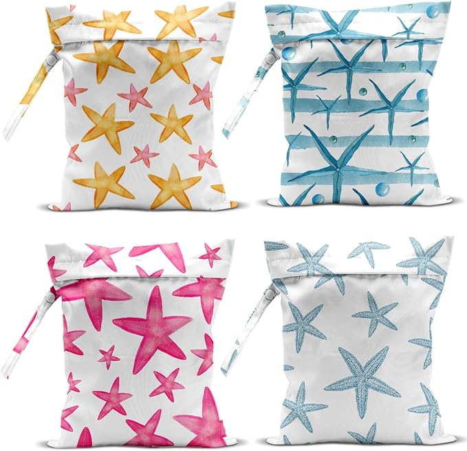 4 Pack Wet Bag for Swimsuit, Beach Travel Essentials Wet Dry Bag, for Sunscreen Toiletry Dirty Clothes Yoga Gym Diaper, Friend Summer Beach Vacation Gifts. starfish