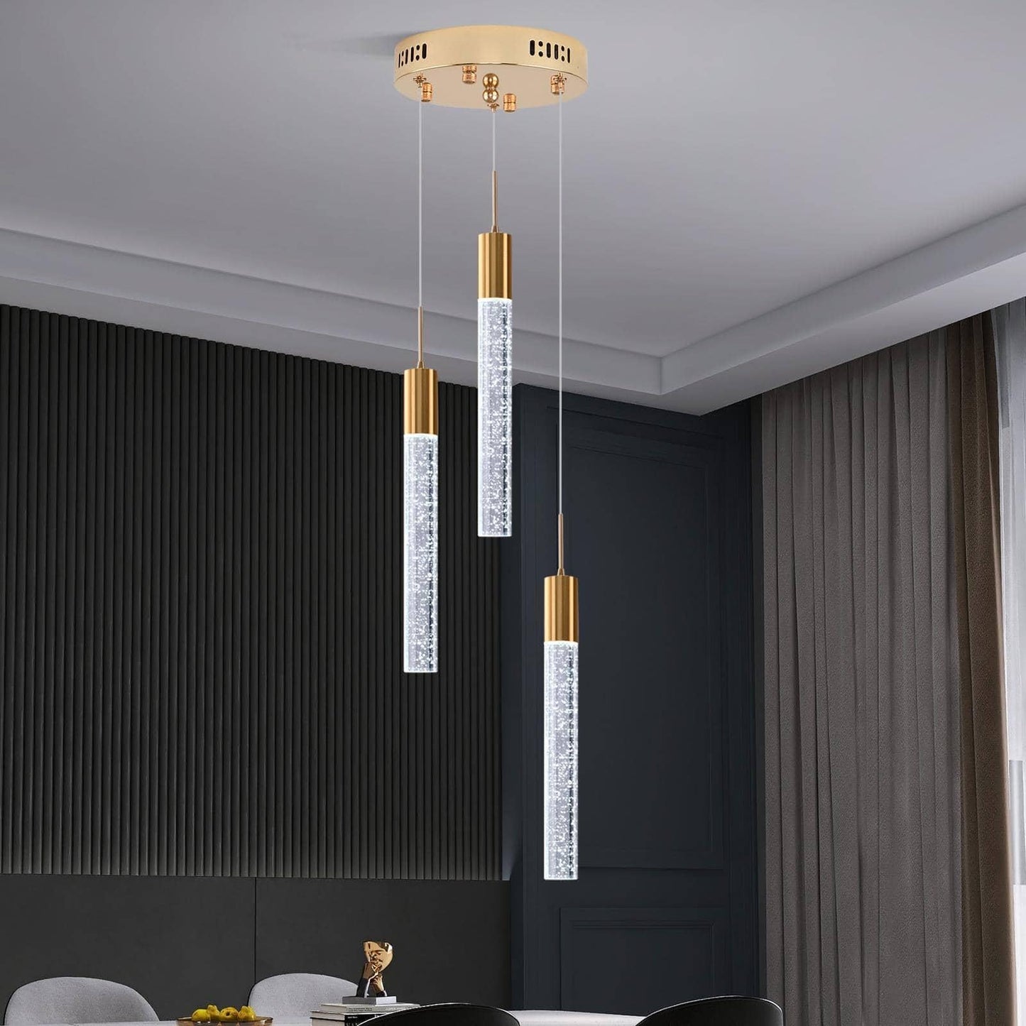 Upfelw Modern Crystal Chandelier 3-Lights  Spiral Led Raindrop Kitchen Island Pendant Lighting  Bubble Foyer Dinimg Room Hanging Light Fixture Remote Control Gold