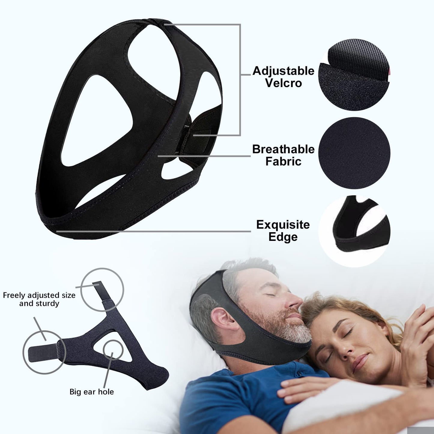 Anti-Snore Chin Strap Devices, Chin Strap for Sleeping Comfortable Snoring Solution, Breathable and Adjustable for Men and Women - Black11