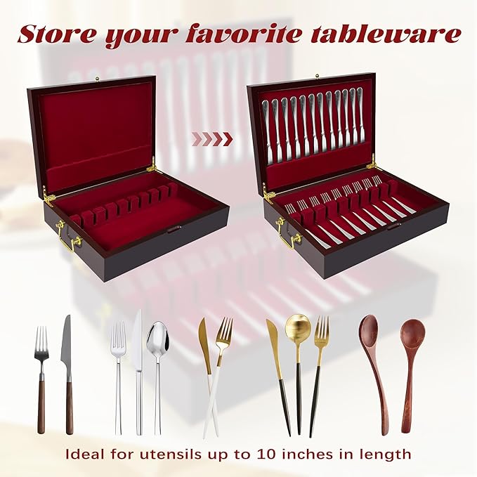 Silverware Storage Box Solid Wood with Lid, Silverware Organizer with Handle and Felt Lined, Silverware Storage Chest for Flatware and Utensils Home Decor Gift, Chest for Flatware Setting Up 15