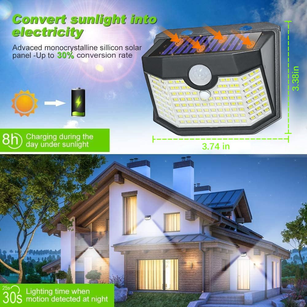 HMCITY 120 LED Outdoor Solar Wall Lights, Motion Sensor, IP65 Waterproof, Front Button 8Pack, Daylight White, Model JY2440