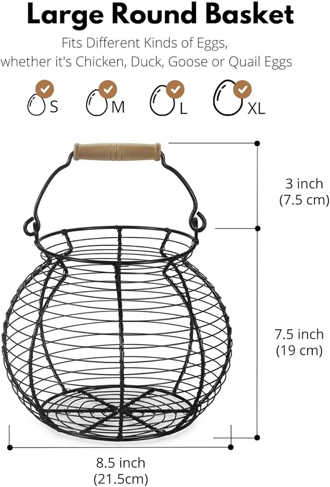 Flexzion Chicken Egg Basket Wire Egg Holder with Wooden Handles for Egg, Fruits, Vegetables Storage, Display Metal Mesh, Basket Holder Countertop for Farmhouse Rustic Kitchen Counter Organizer, Black