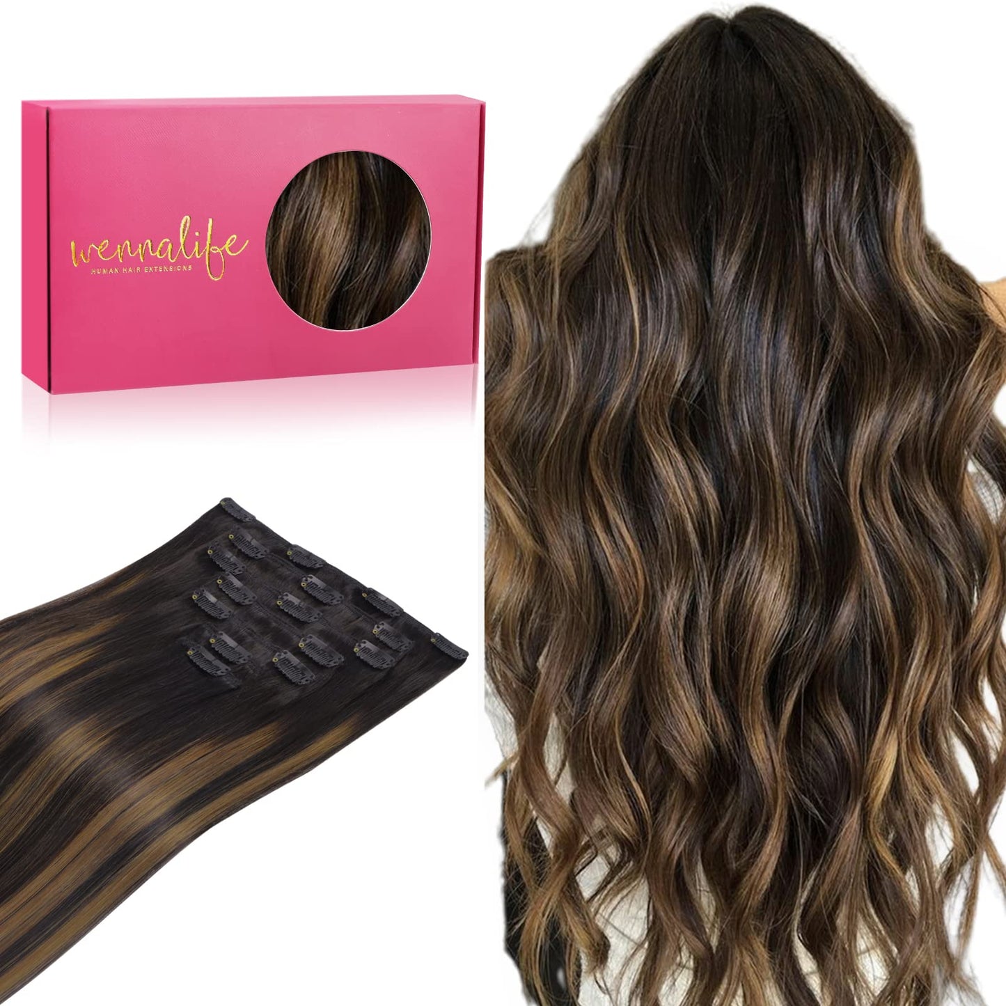 WENNALIFE Clip in Hair Extensions Real Human Hair, 22 Inch 120g 7pcs Remy Hair, 24 Inch 120g 7pcs Natural Black to Chestnut Brow