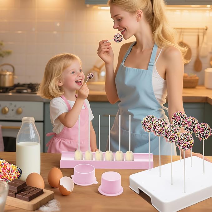 Round Cake Pop Mold Set with 9 Inch Tray and Sticks, ABS Cake Pop Maker, Circle Cake Pop Cutter and Pusher, Baking Molds Kit for Parties, Wedding,Home Desserts Making - Pink