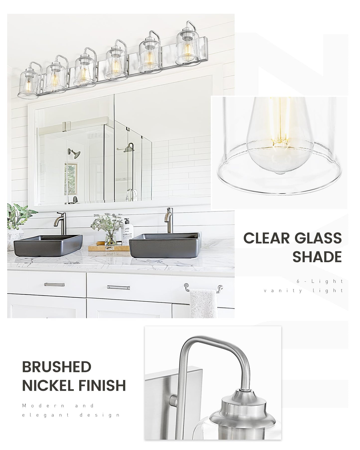 Zeyu 6-Light Bathroom Wall Light Fixture  44 Inch Modern Nickel Vanity Lighting Fixtures For Bedroom  Brushed Nickel Finish With Clear Glass Shade  Zsl72B-6W Bn