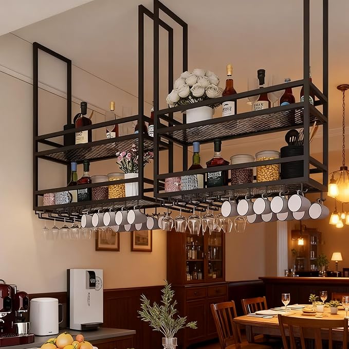 Ceiling Wine Glass Rack, Hanging Wine Display Shelf 2-Tier, Bar Liquor Storage Shelf for Bar Cafe Kitche, Metal Wine Bottle, Goblet Stemware Rack (Black, 62.99x39.37x11.81in)