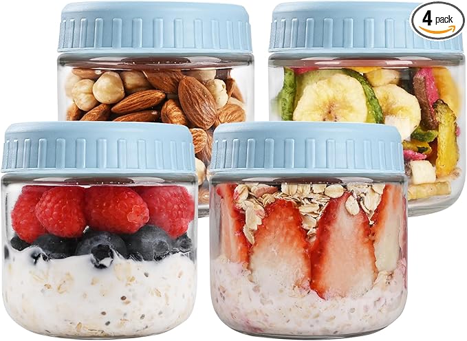 Overnight Oats Containers with Lids, 10oz Glass Jars with Lids 4 pcs, Light Blue, Wide Mouth Mason jars for Salad, Yogurt, Snacks, Meal Prep