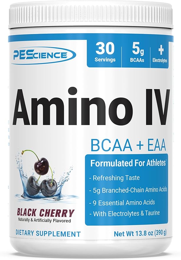 PEScience Amino IV BCAA & EAA Powder, Black Cherry, 60 Scoop, Essential Amino Acids, Taurine, Electrolytes for Hydration and Muscle Recovery, Sugar Free for Men & Women, Post Workout
