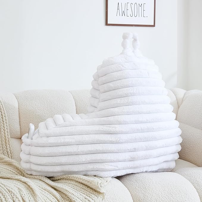 WERDIM Reading Pillow for Sitting in Bed, Faux Fur Back Pillow for Bed Rest, Bed Chair Pillow with Arms and Pockets(Large, White)