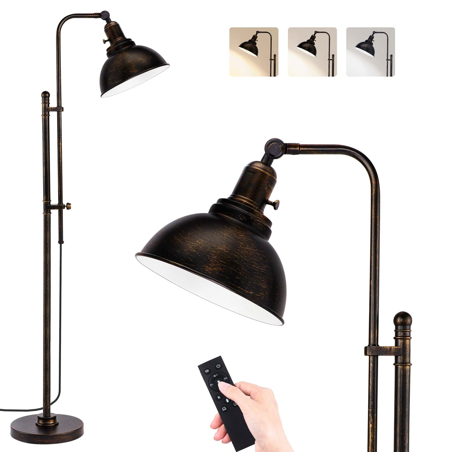 Partphoner Industrial Floor Lamp - Adjustable Rustic Black Metal Shade, Remote Control, Modern Design For Living Room, Bedroom, Office