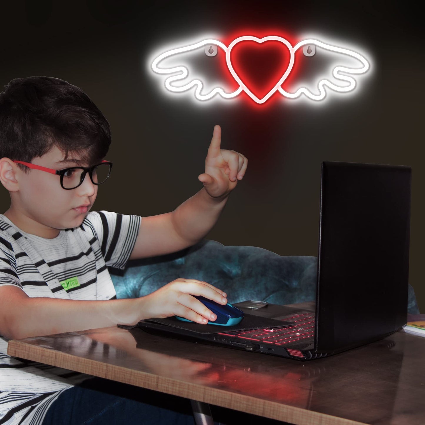 Lumoonosity Neon Heart & Angel Wings Sign - USB Powered LED Light, 14 x 4.5 inches, Angel Heart Red/White, Model NS-Angel Heart