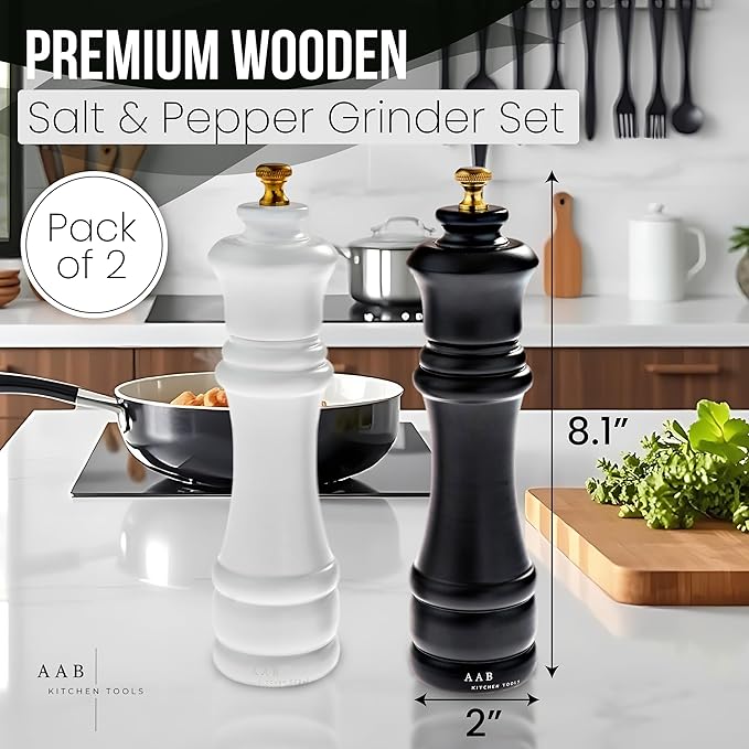 Wooden Black and White, Manual Refilable Large Salt And Pepper Grinder Set, Shaker with Adjustable Ceramic Grinding Mechanism for Customized Coarseness, 8 inches Large, Pack of 2