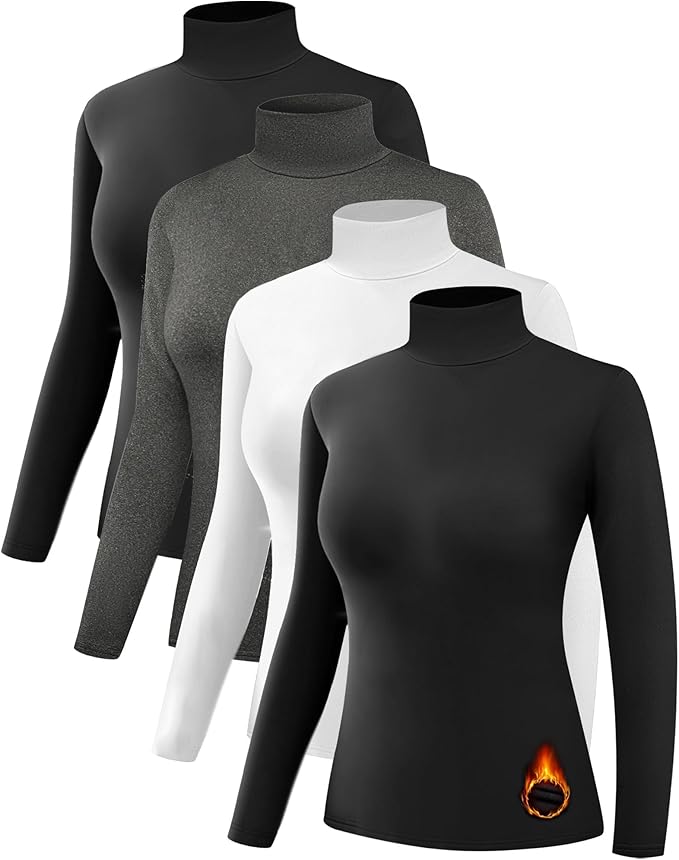 Dalavch 4 Pack Women’s Thermal Turtleneck Shirts, Women Turtle Neck Fleece Lined Compression Long Sleeve Base Layer Tops