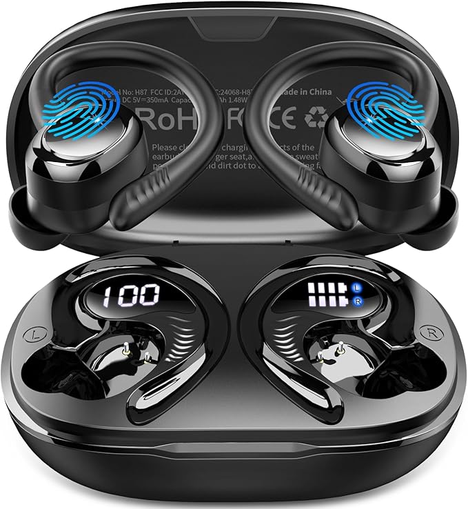 Hupoaf Wireless Earbuds Sport, New Bluetooth 5.4 Headphones with Earhooks, 50H Stereo Deep Bass Over Ear Buds with 4 ENC N...