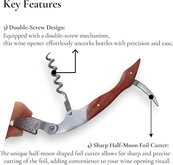 Professional Wood Grapevine Pattern Sommelier Knife With Beige Leather Wine Keyring with Ergonomic Wood Grip, Beer Bottle Opener Foil Cutter Waiters Corkscrew Wine Opener