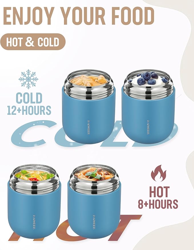 17oz Soup Thermo for Hot Food Adults Insulated Food Jar Thermo Hot Food Lunch Container Wide Mouth Stainless Steel Lunch Box for Kids with Folding Spoon Cleaning Brush Gray Blue