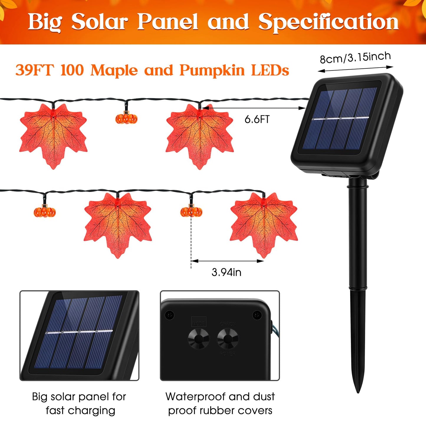 Fall Solar Lights Outdoor Decorative  39Ft Solar Fall Leaves Garland String Lights With 100 Leds And 8 Modes For Porch  Yard  Front Door  Patio  Outside Thanksgiving Harvest Autumn Decorations