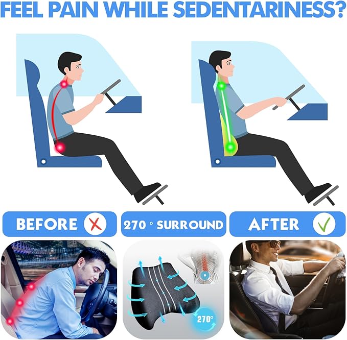 Soft Lumbar Support Pillow for Driving Seat 100% Memory Foam Lumbar Pillow for Lower Back Pain Relief, Lumbar Support Cushion for Car Seat, Office Chair - Yellow