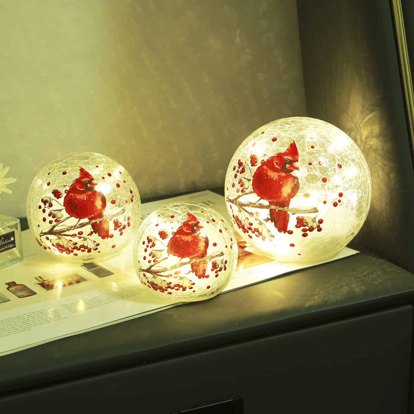 Cordless  le Glass Ball Cardinal Lamp With Timer  Battery Operated Led Red Bird Stained Christmas Decor Accent Sphere Table Lamp  MotherS Day Gift  Lighted Orb Cardinal Globe Desk Night Light