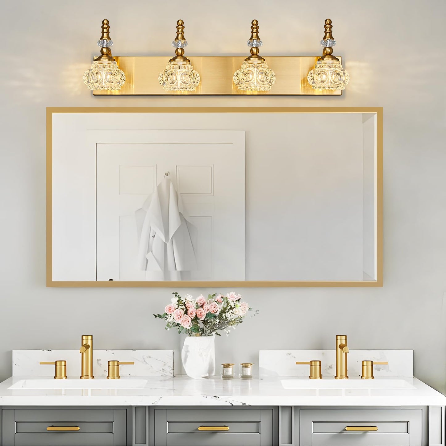 Lbsqj Modern Glass Crystal Vanity Light - Vintage Bathroom Lighting Fixtures Over Mirror  4 Light Vanity Lights G9 Bulb (27.55 Inch  Gold)