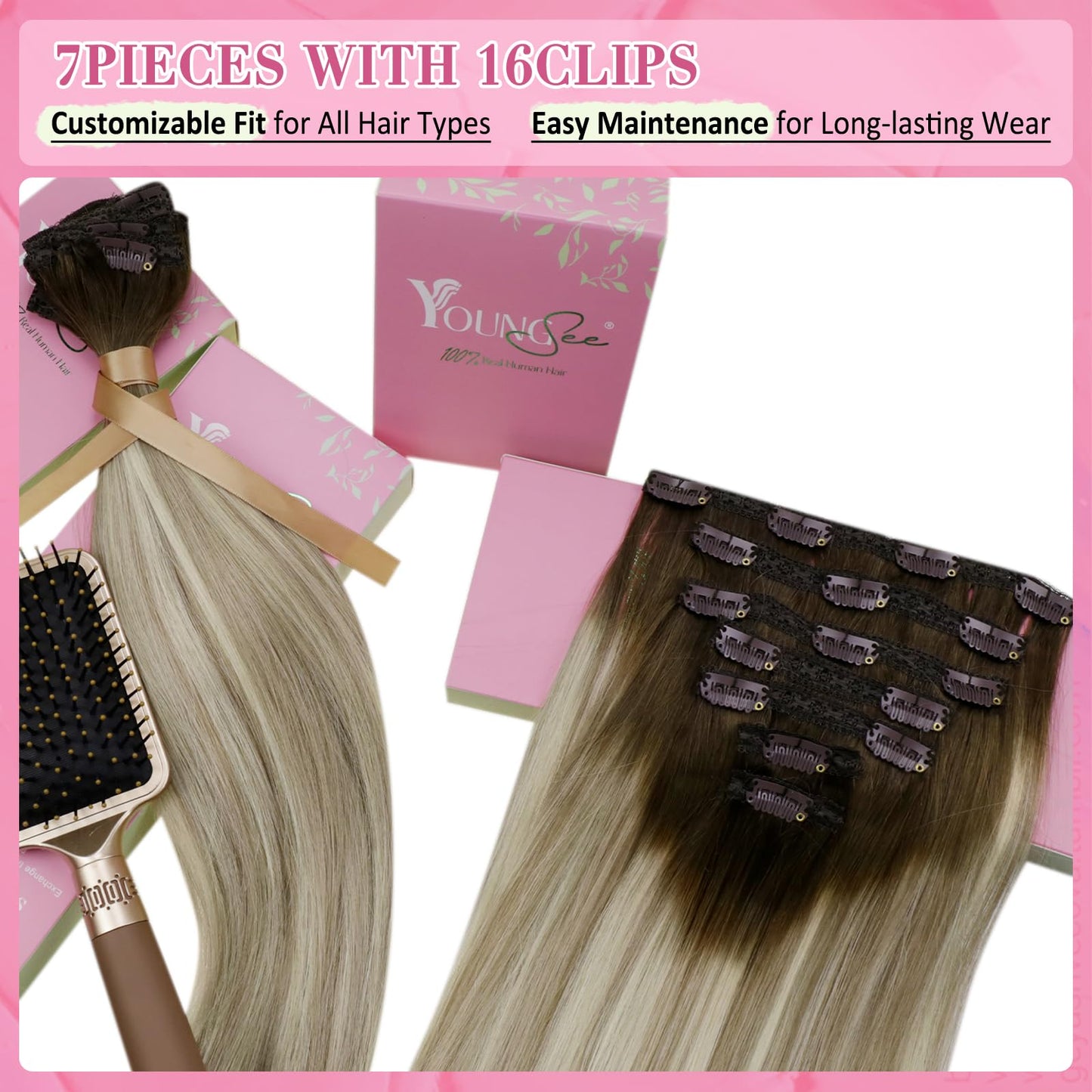 YoungSee Clip in Human Hair Extensions Ombre Remy Human Hair Extensions Clip ins Dark Brown Mix Blonde Balayage Real Extensions