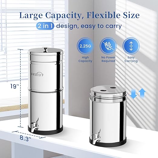 2.25G Gravity-Fed Water Filter System, NSF/ANSI Standard, 304 Stainless Steel System with 2 Carbon Filters, 2 Fluoride Filters and Stand, Reduce 99% Chlorine, Lead and Fluoride