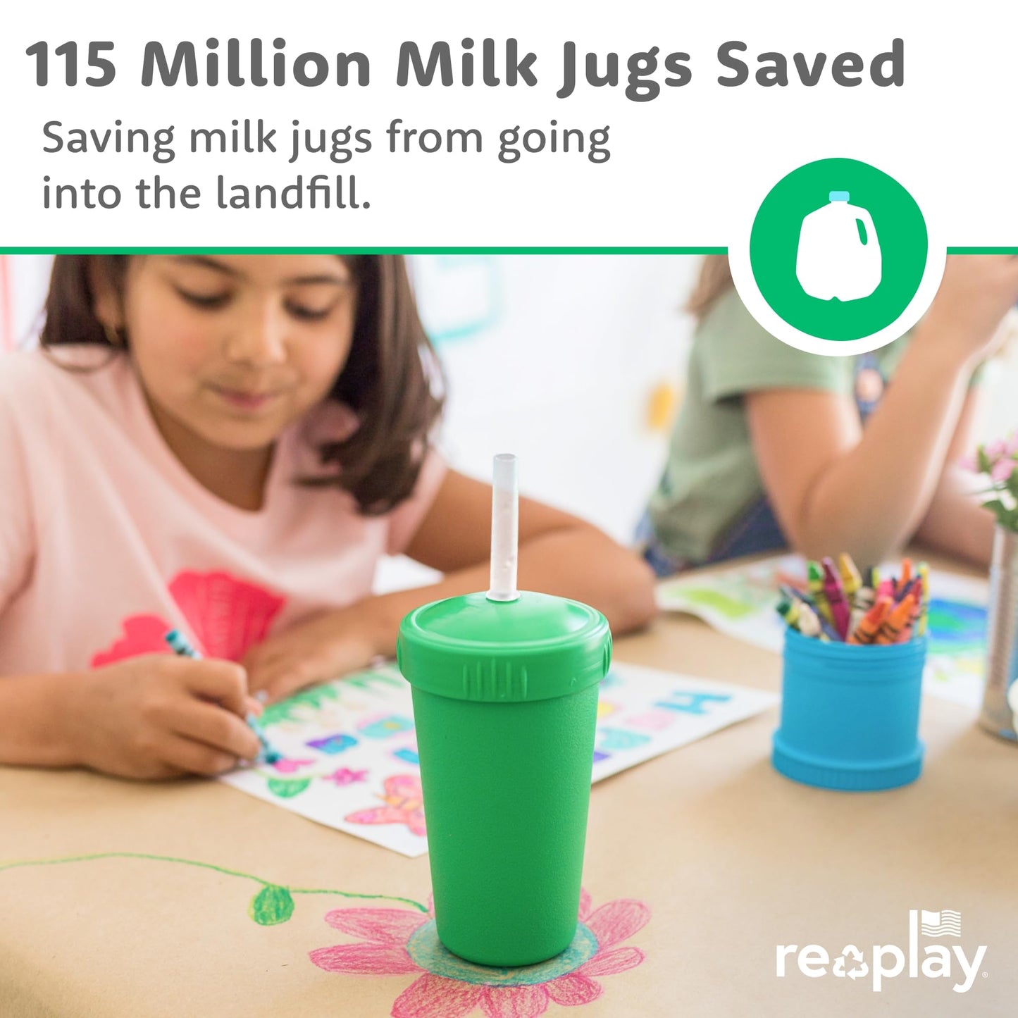 Re-Play 10 oz. Straw Cups for Kids with Silicone Locking Straws - Dishwasher & Microwave Safe - Made in USA - Set of 4-7.37" x 7.37" x 1.25" - Desert Roses