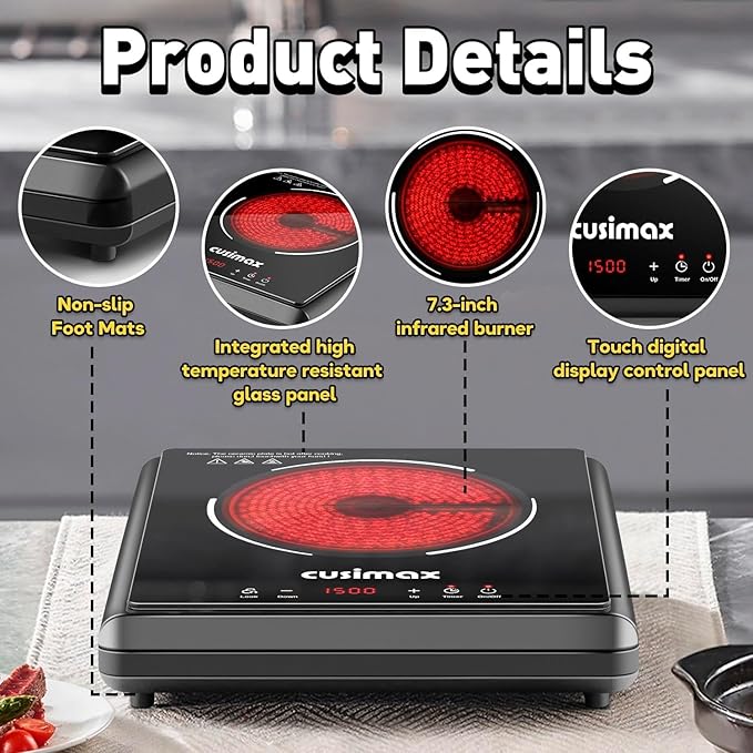 CUSIMAX 1500W Hot Plate, Portable Infrared Electric Stove for Home with 7 Speed,Ceramic Countertop Stove Sensor Touch,Kids Safety Lock and Timer,Compatible for All Cookwares