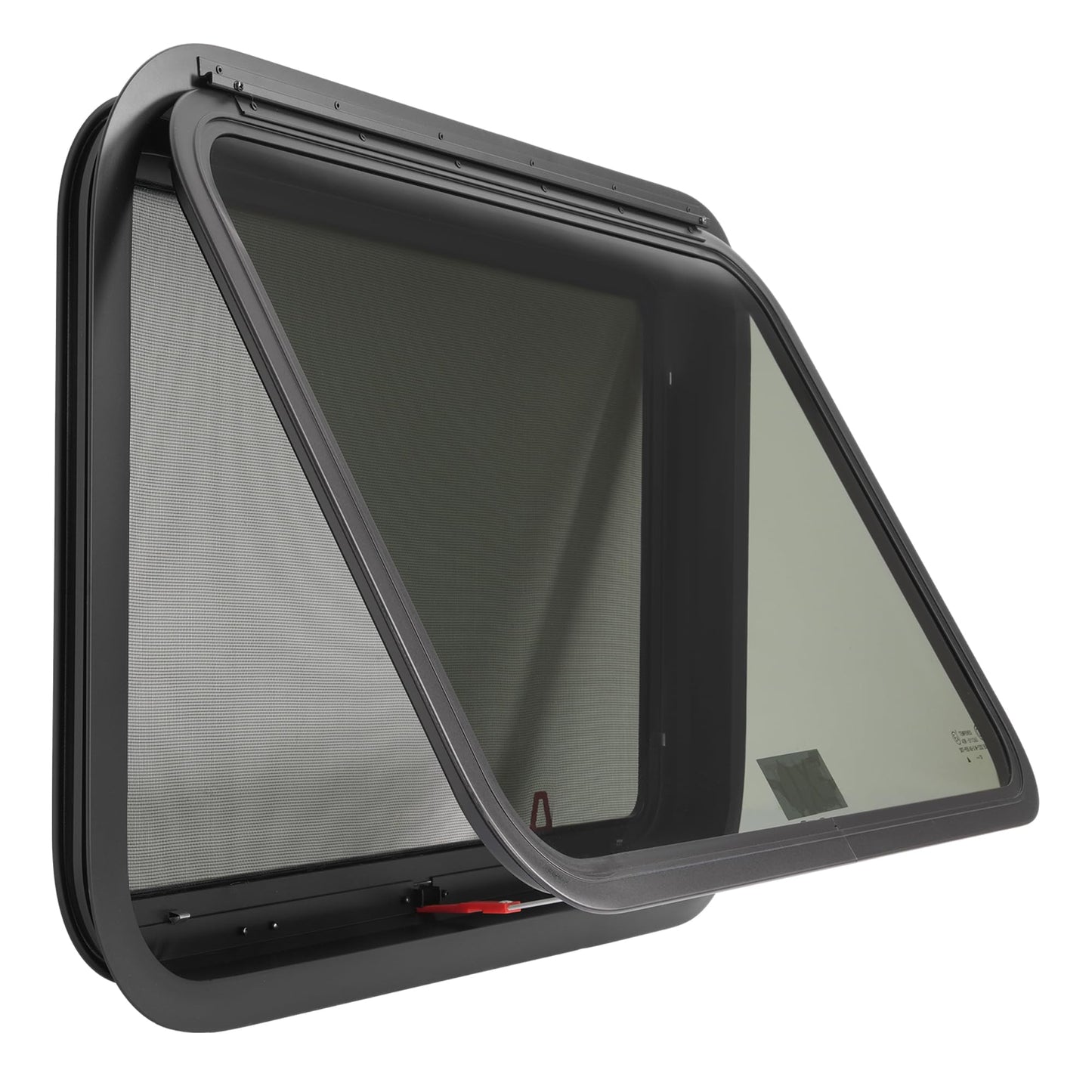 WUTIST RV Exit Window Push Out with Screen & Trim Ring, 30inW x 20inH, Dark Aluminium Tempered Glass, Black Frame & Mesh Screen, Model GO-5158