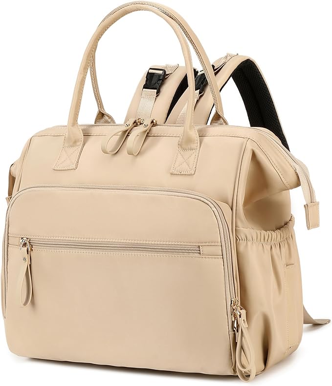 Convertible Diaper Bag Tote, Wide Open Top 14 Pockets Stylish Baby Diaper Bag with Stroller Buckle, Water-resistant (Beige, Large)