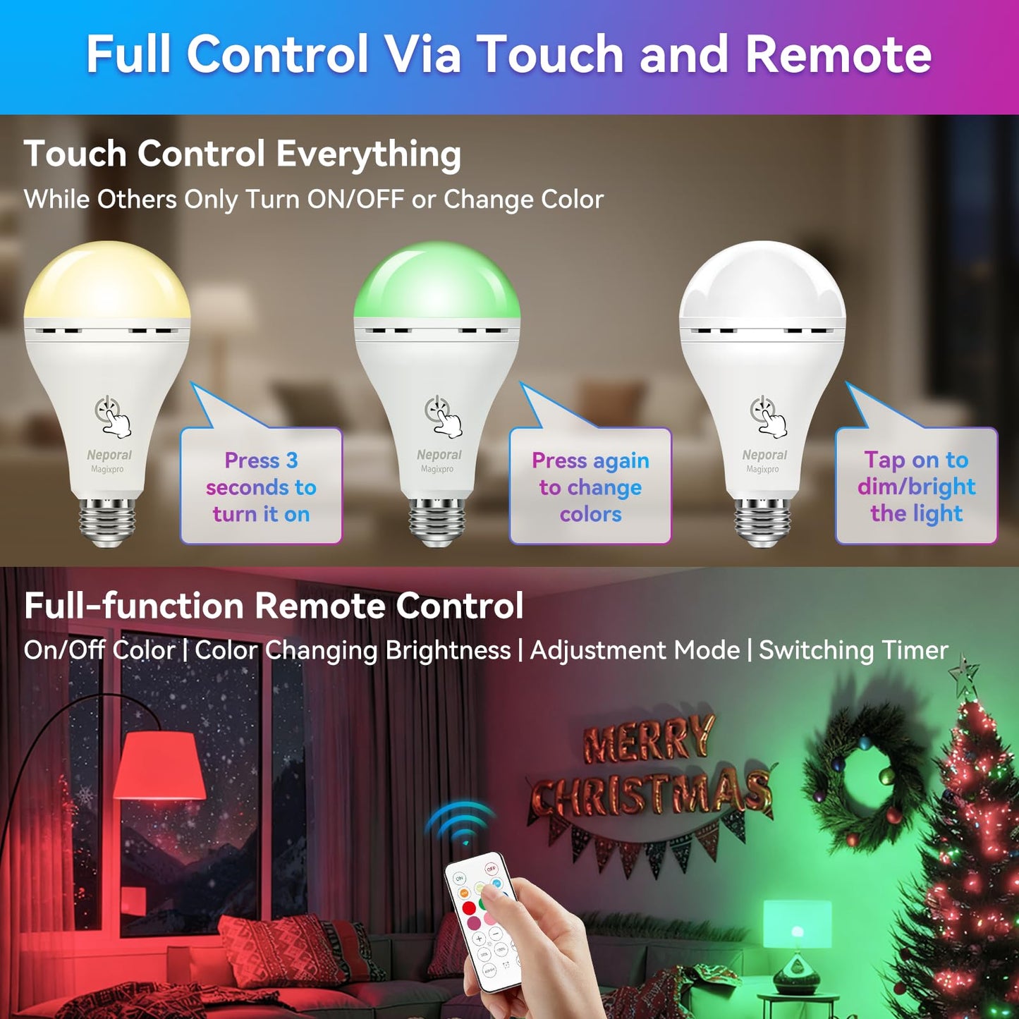 Neporal Magixpro Rgb Remote Rechargeable Light Bulbs  Dual Recharge (Usb & Socket Charging)  Color Changing Dimmable Led Bulb  No Outlet Needed  Touch + Remote Control  Non Electric Lighting  2 Pack