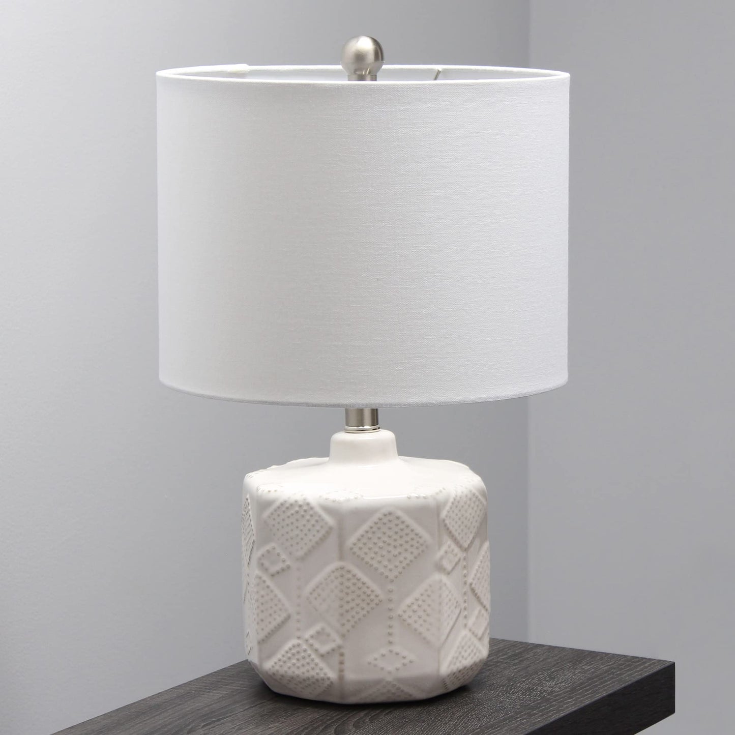 Elegant Designs Ceramic End Table Lamp, 19in Floral Textured, Off-White, Model LT2111-OFF, White Fabric Shade