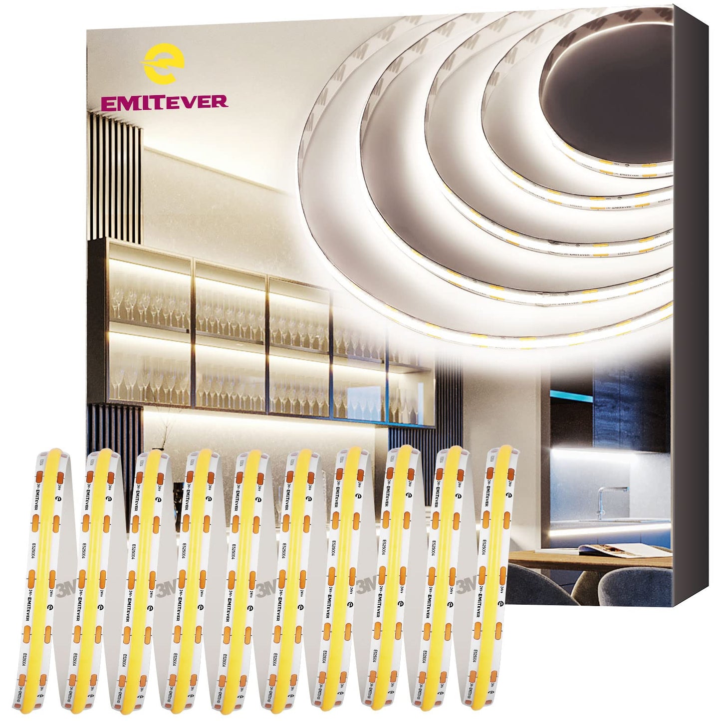 EMITEVER COB LED Strip Lights 4000K Neutral White 32.8ft 1200 LEDs 300+ Lumens/ft UL Listed 5 Year Warranty