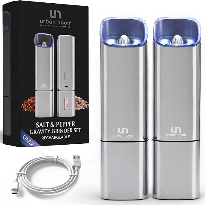 Automatic Salt and Pepper Grinder Set - Rechargeable Electric Salt and Pepper Shakers with Adjustable Coarseness, LED Light, One-Handed Use, Gravity Salt Grinder and Electric Pepper Mill