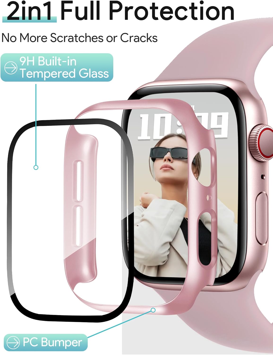 JR.DM 42mm 2 Pack Hard PC Case with HD Tempered Glass Screen Protector for Apple Watch Series 10/11 (2025), Guard Bumper Full Coverage Protective Anti-Scratch Face Cover for iWatch, Pink/Clear