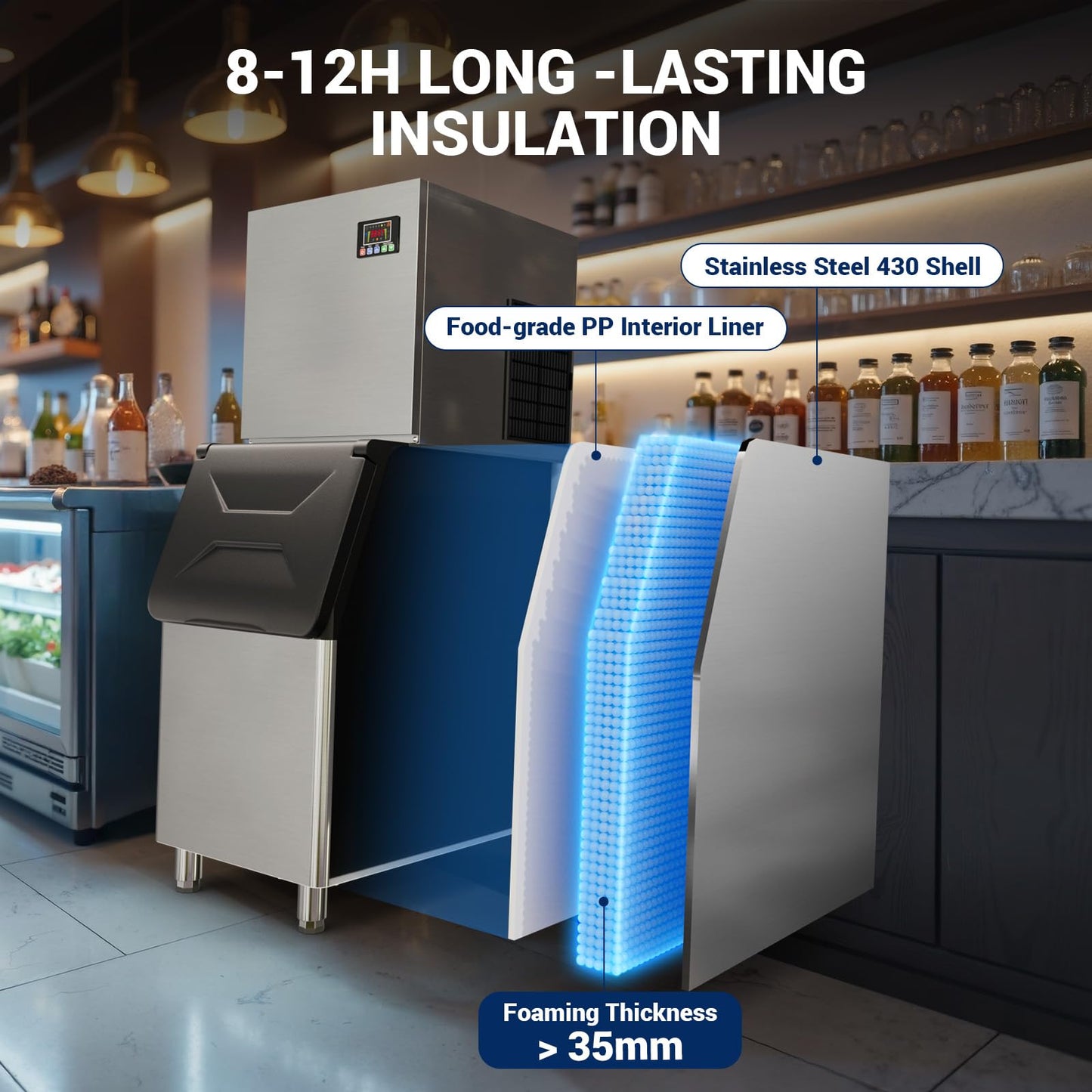 Commercial Ice Maker 500 LBS/24h,132 Ice Cubes Ready in 5-15 min with 400 LBS Storage Bin, Self-Cleaning Stainless Steel Industrial Ice Machine Perfect for Bar Restaurant Cafe