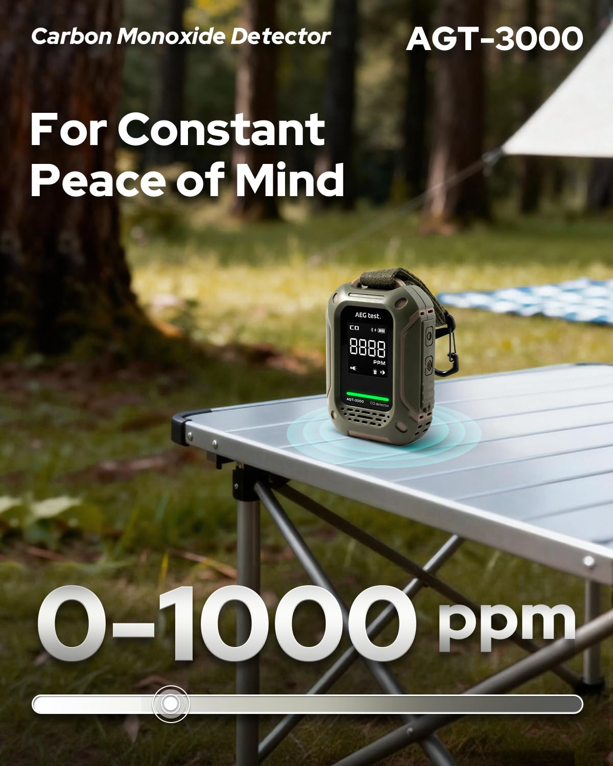 AEGTEST AGT-3000 Portable Carbon Monoxide Detector, 240H Standby, Upgraded CO Sensor for Travel, Rechargeable CO Detector with Audible & Visual Alerts, CO Meter for Camping, 0-1000ppm