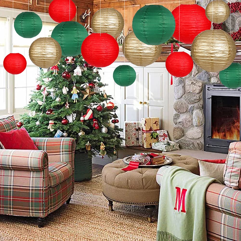 zilue Paper Lanterns 15pcs Decorative Party Supplies, Green/Red, Model PL1003, for Christmas Graduation Birthday Anniversaries