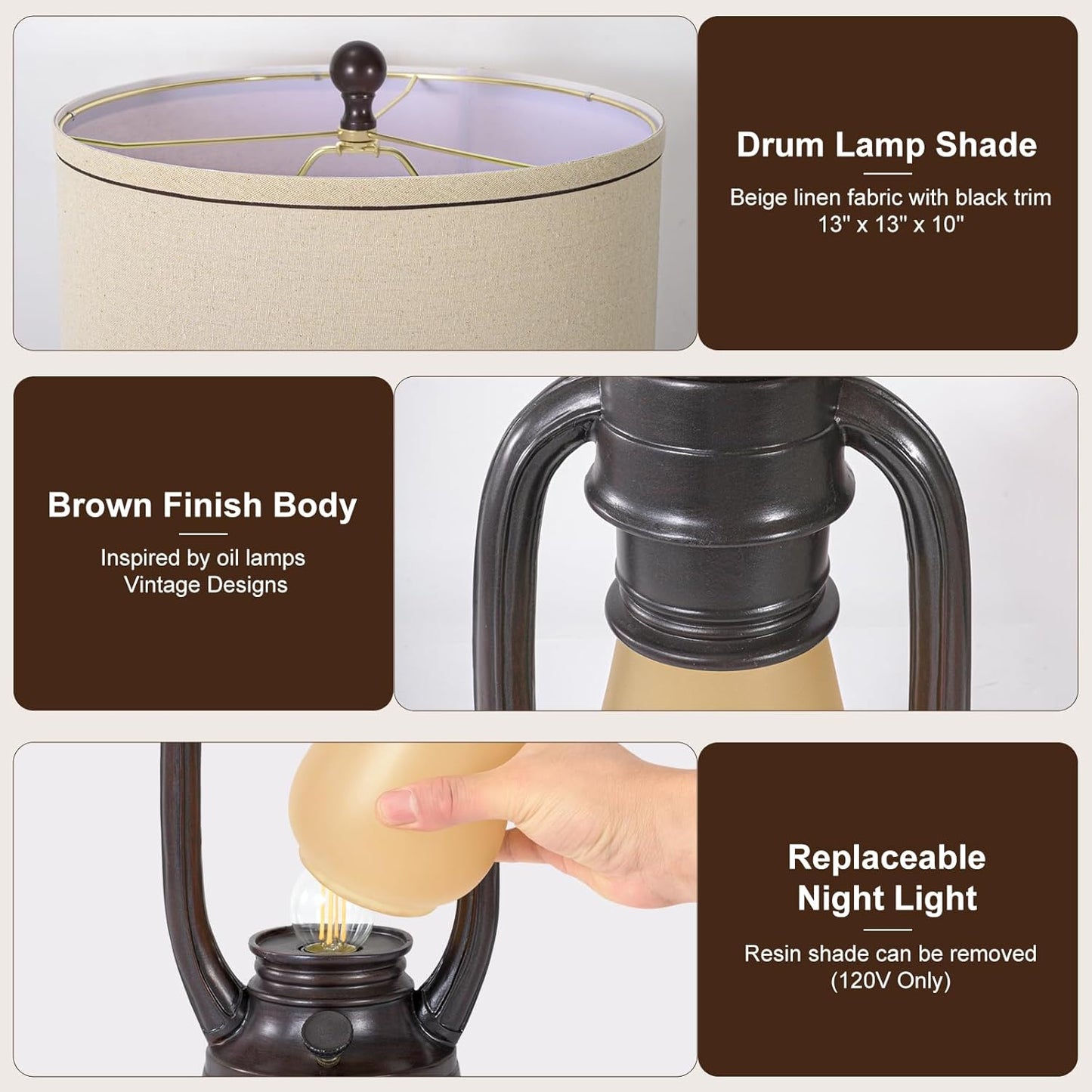 26'' Vintage Lantern Table Lamps Set of 2, Retro Bedside Nightstand Lamp with Nightlight and Linen Shade, Rustic Desk Lamp with USB A+C Ports, Farmhouse Table Lamps for Living Room Bedroom Study room