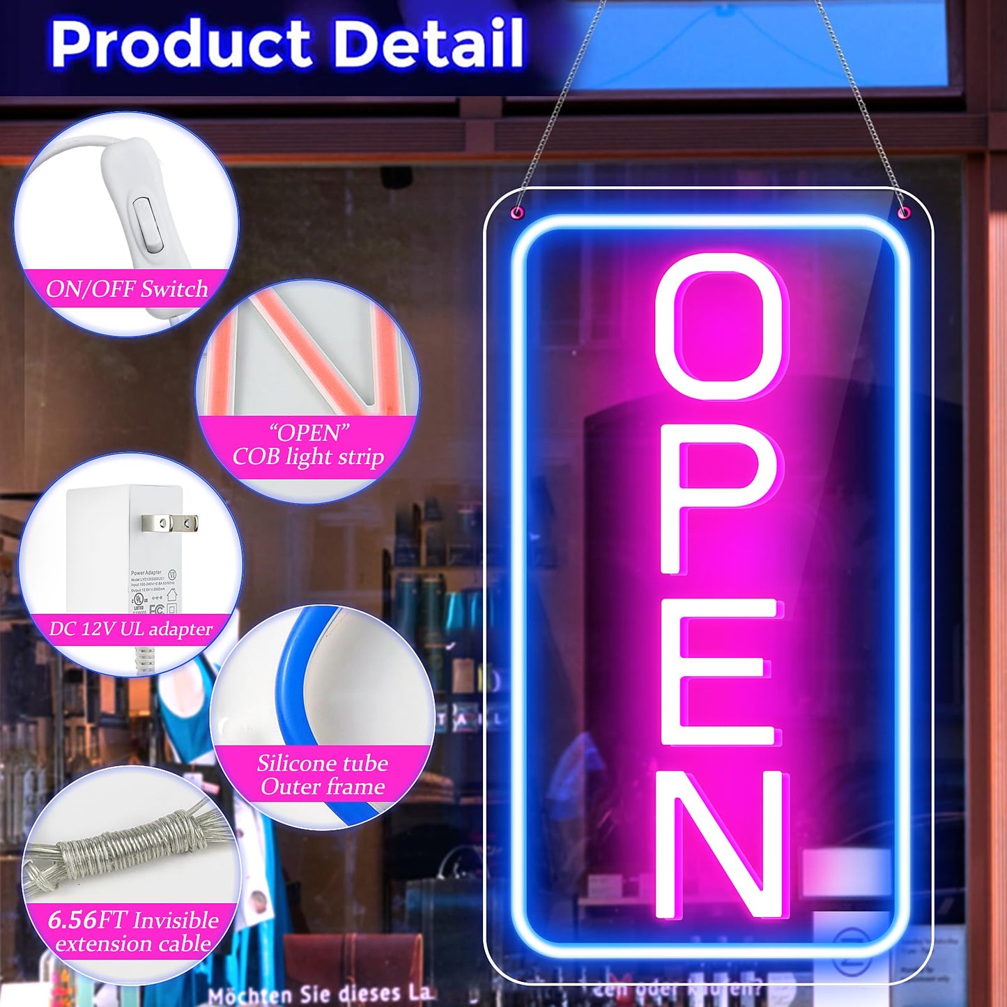 ROLANCHE LED Open Sign, 23inx12in, Ultra Bright Acrylic, Blue Pink Vertical, Model JS-OPEN-PK-V-BIG-US