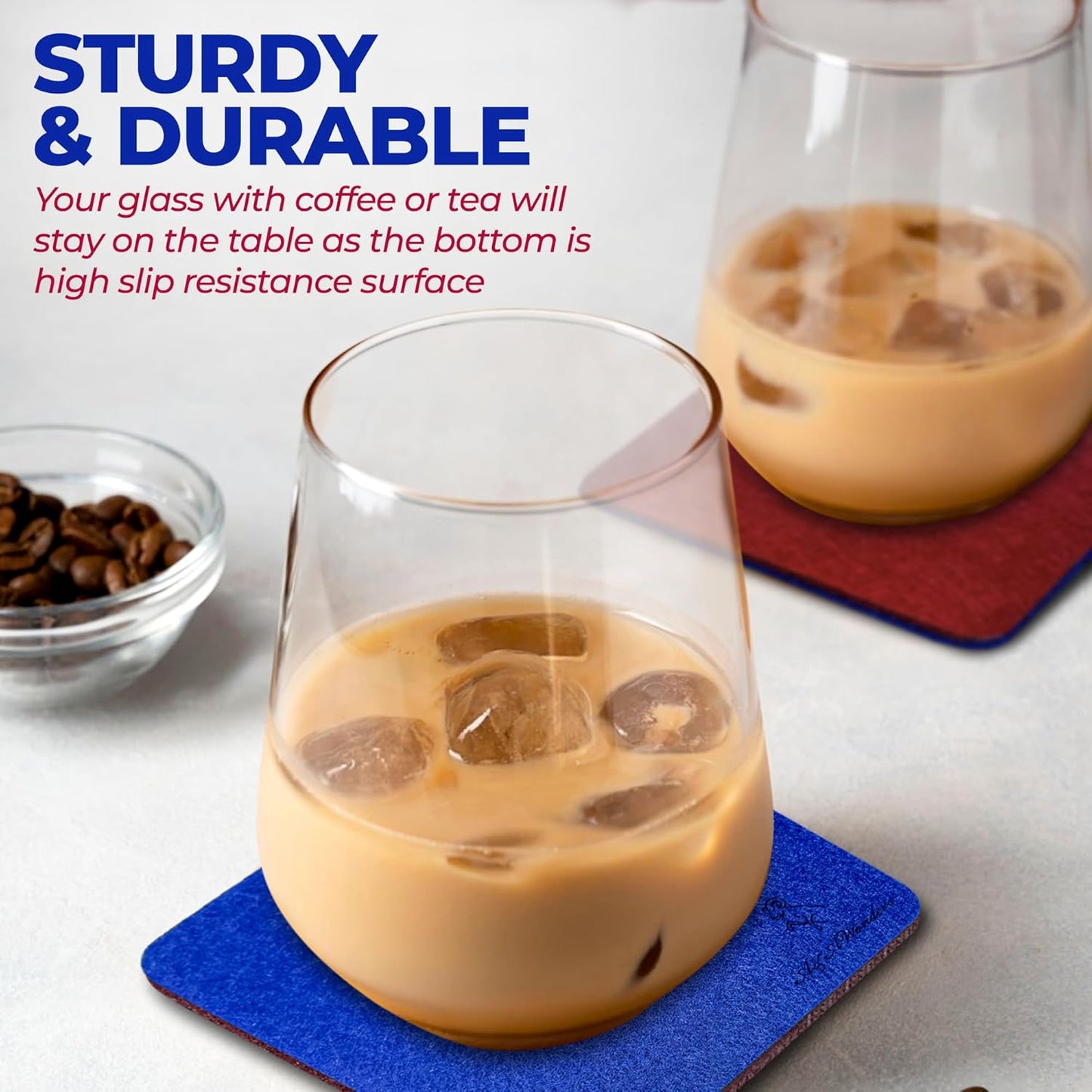 A&A Wonders Premium Felt Coasters for Drink, Two-Tone Reversible, Absorbent Felt Protects Furniture, Table, Anti Slip, Suitable for Drinks & All Table Types (Wine Red/Royal Blue, Square 18 Pack)