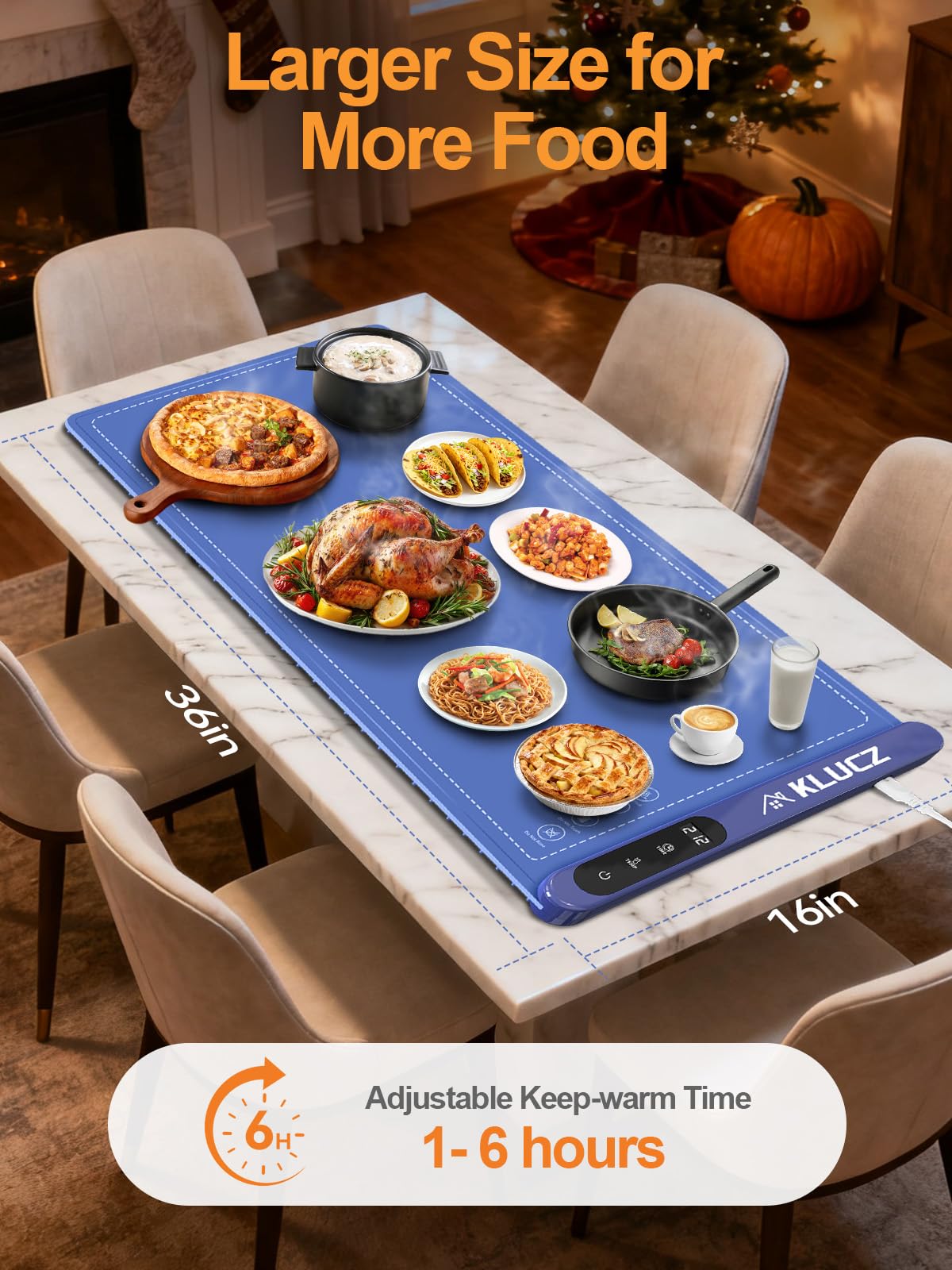 KLUCZ Food Warming Mat, Foldable Silicone Graphene Quickly Heating Food Warmer with 6 Adjustable Temperature and 6H Timer Function for Buffets Parties, Great Gift for Women Mother (XL-Blue)