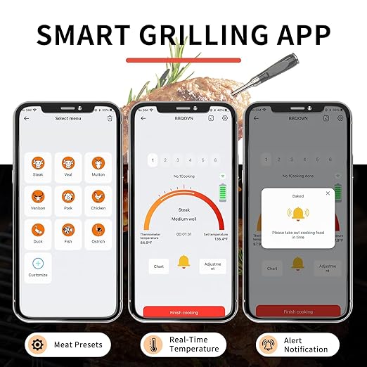 Meat Thermometer Wireless, 700FT Remote Digital Cooking Thermometer, Bluetooth Food Thermometer with Wireless Probe, iOS & Android Read App -Preprogrammed Temperatures for BBQ, Grill, Oven, Smoker