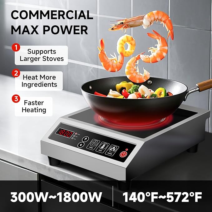 Induction Cooktop Commercial 1800W, Portable Countertop Burner with 8" Fast Heating Coil, 11 Temp/Power Levels, 24H Timer Stainless Steel Electric Stove for for RV Home Kitchen