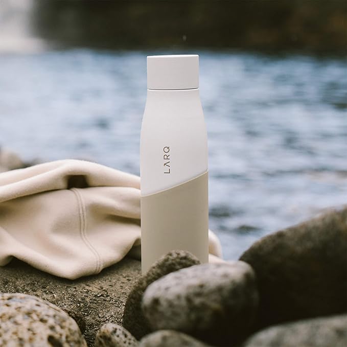 LARQ Bottle Movement PureVis 24 oz- Lightweight Self-Cleaning and Non-Insulated Stainless Steel Water Bottle with UV Water Purifier | Reusable & Travel Friendly, 1-Year Warranty, White/Dune