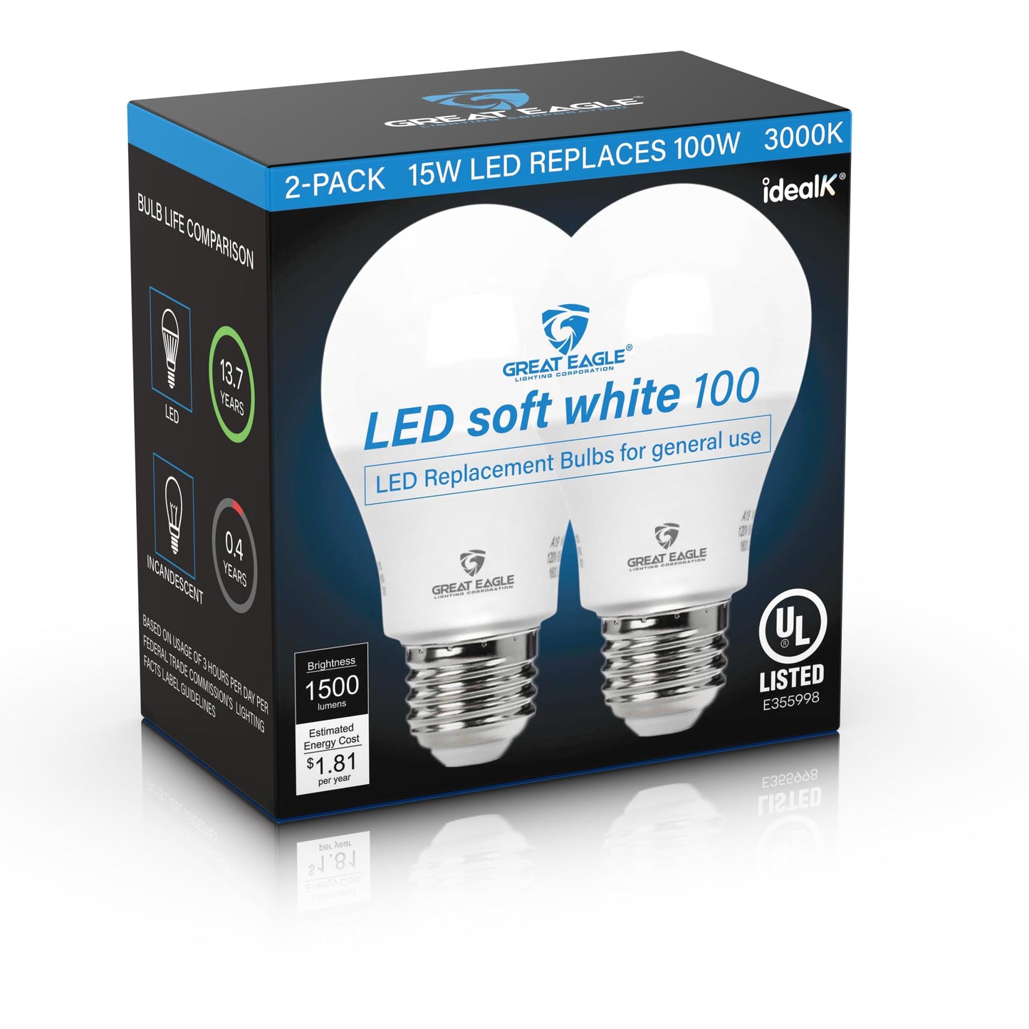 Great Eagle LED A19 Light Bulb 100W Equivalent 1500 Lumens 15-Watt 3000K Soft White 2 Pack