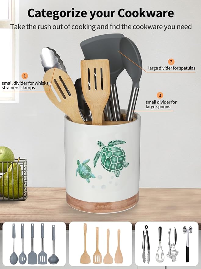 HAPPY KIT 7.6″ Extra Large Kitchen Utensil Holder, 360° Rotating Utensil Holder for Kitchen Counter with 3 Removable Compartment, Housewarming Gift & Farmhouse Decor(Turtle)