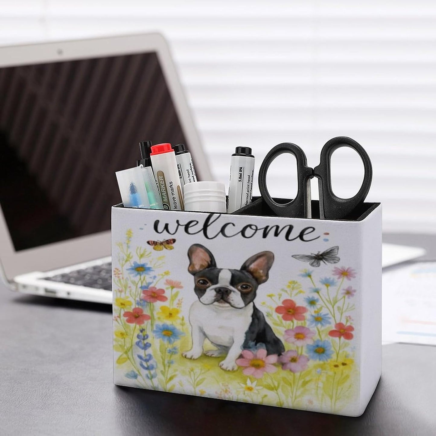 Welcome Dog Flowers Lether Pen Holder for Desk Makeup Brush Holder Office Organizer Desk Accessory for School Office