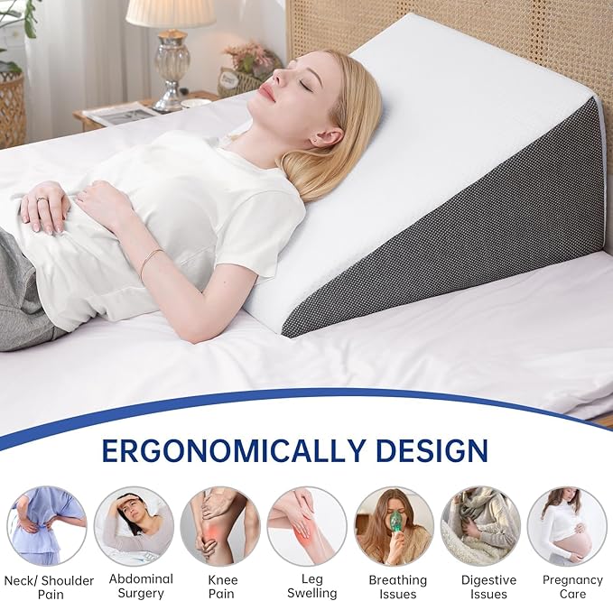 QUINEEHOM Bed Wedge Pillow for Sleeping, 12 Inch Triangle Bed Wedge for Adults, Memory Foam Wedge with Washable Cover, 30 Degree Triangle Pillow Wedge for Acid Reflux, Knee, Snoring